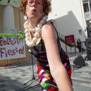 Lorraine Bowen Polyester Fiesta at Fringe City, Main Stage, Brighton Fringe 2014, New Road,  Brighton, East Sussex, UK. Giving a taster of her show at St.Micheals & All Angels Church, Victoria Road, Brighton on 10th May 2014. Image taken 4th May 2014