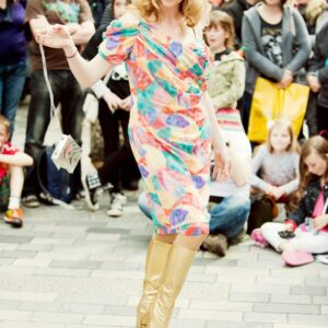 Lorraine Bowen Polyester Fiesta at Fringe City, Main Stage, Brighton Fringe 2014, New Road,  Brighton, East Sussex, UK. Giving a taster of her show at St.Micheals & All Angels Church, Victoria Road, Brighton on 10th May 2014. Image taken 4th May 2014