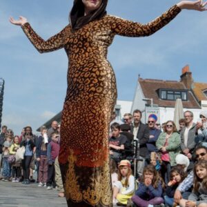 Lorraine Bowen Polyester Fiesta at Fringe City, Main Stage, Brighton Fringe 2014, New Road,  Brighton, East Sussex, UK. Giving a taster of her show at St.Micheals & All Angels Church, Victoria Road, Brighton on 10th May 2014. Image taken 4th May 2014