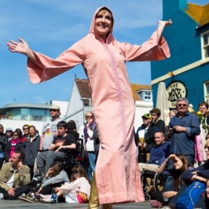 Lorraine Bowen Polyester Fiesta at Fringe City, Main Stage, Brighton Fringe 2014, New Road,  Brighton, East Sussex, UK. Giving a taster of her show at St.Micheals & All Angels Church, Victoria Road, Brighton on 10th May 2014. Image taken 4th May 2014